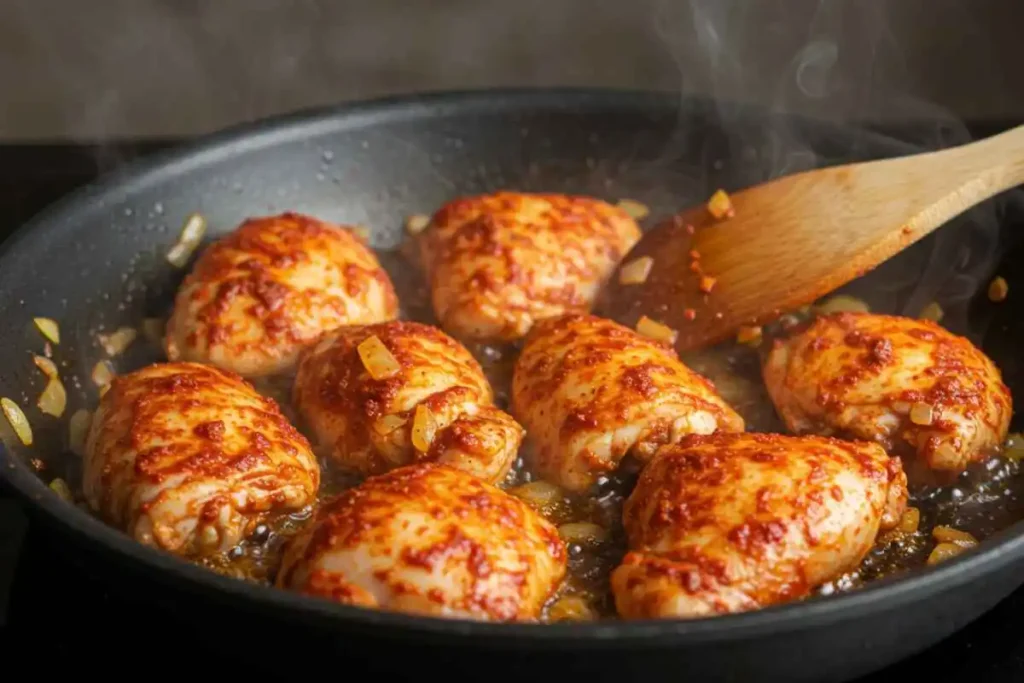  Chicken pieces searing in a pan with paprika, onions, and garlic, creating a rich base for goulash.