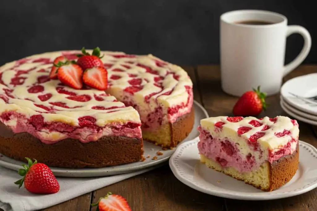 “A beautifully plated slice of strawberry earthquake cake, topped with powdered sugar and fresh strawberries.”