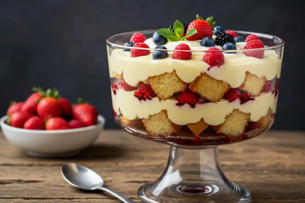 A stunning British trifle with layers of custard, sponge cake, berries, and whipped cream in a glass bowl.