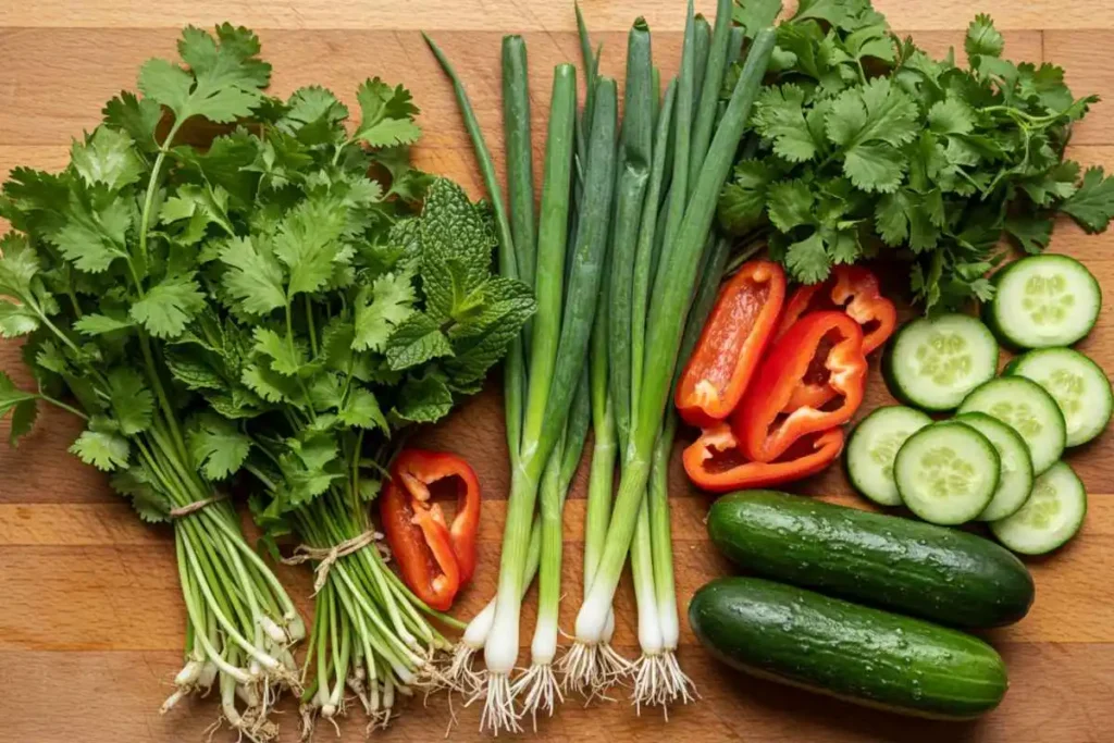  A colorful display of fresh herbs and vegetables used in crispy rice salad.