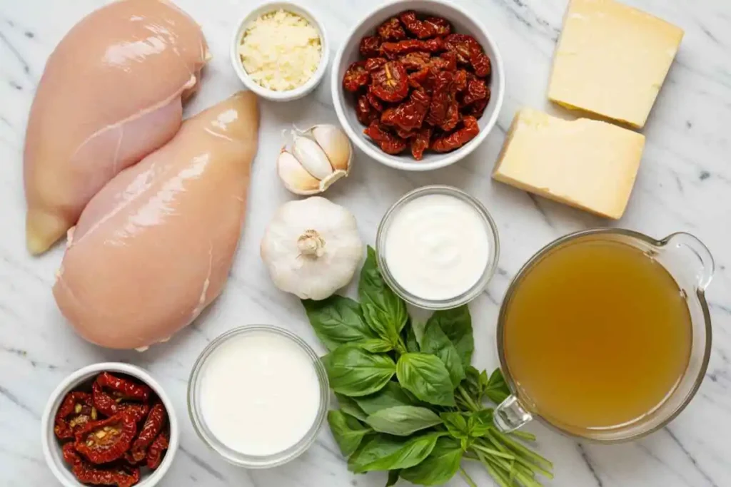  A beautiful flat lay of ingredients including chicken, sun-dried tomatoes, and Parmesan.