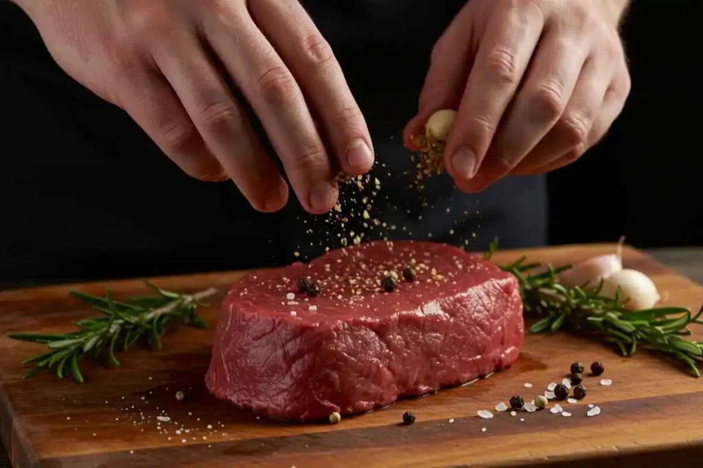 A chef seasoning filet mignon with salt, pepper, and garlic powder on a wooden board, preparing it for air frying