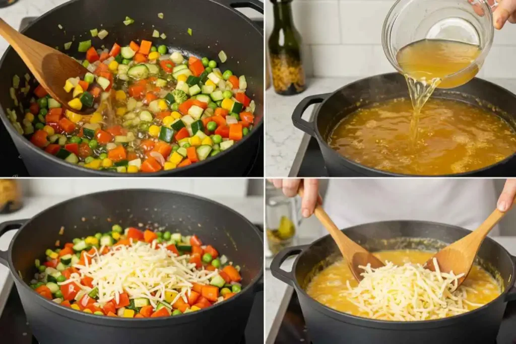 Three-step cooking process showing vegetables being sautéed, broth added, and cheese melting into a creamy chowder