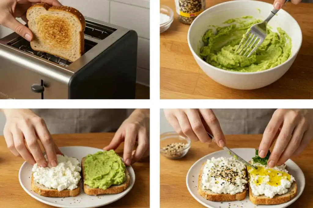 "Step-by-step images of preparing cottage cheese avocado toast from toasting to serving."