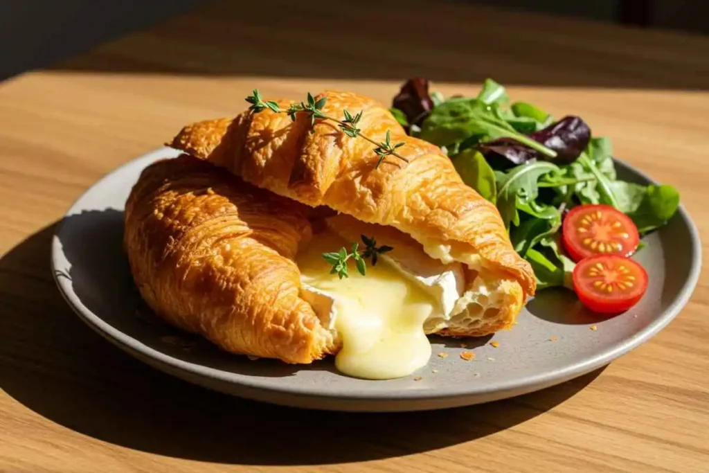 A crispy golden croissant filled with melted brie cheese, topped with fresh thyme and a drizzle of honey, served on a ceramic plate with mixed greens.