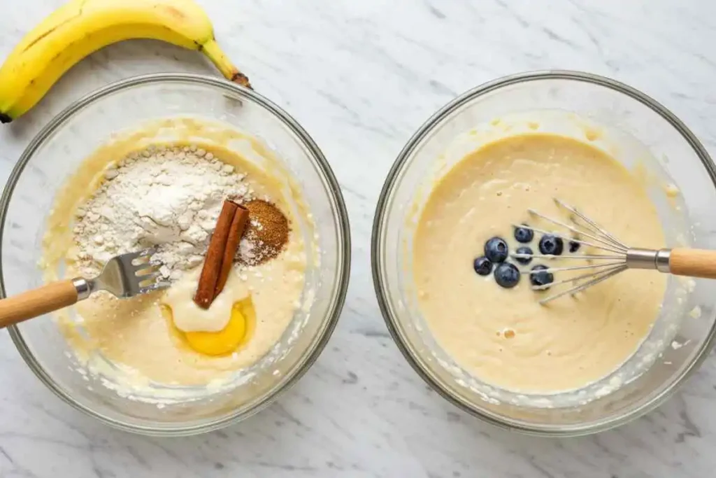 A bowl of banana blueberry pancake batter being mixed with a wooden spoon.