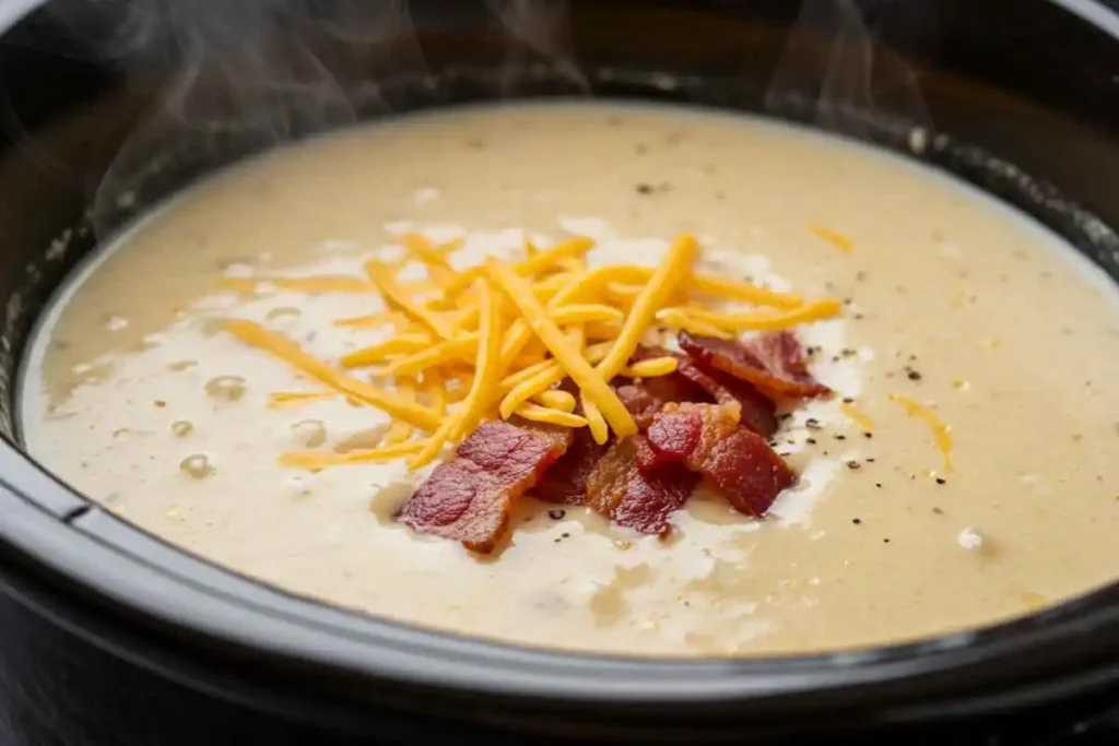 A slow cooker filled with creamy potato soup, turkey bacon, and melted cheese.