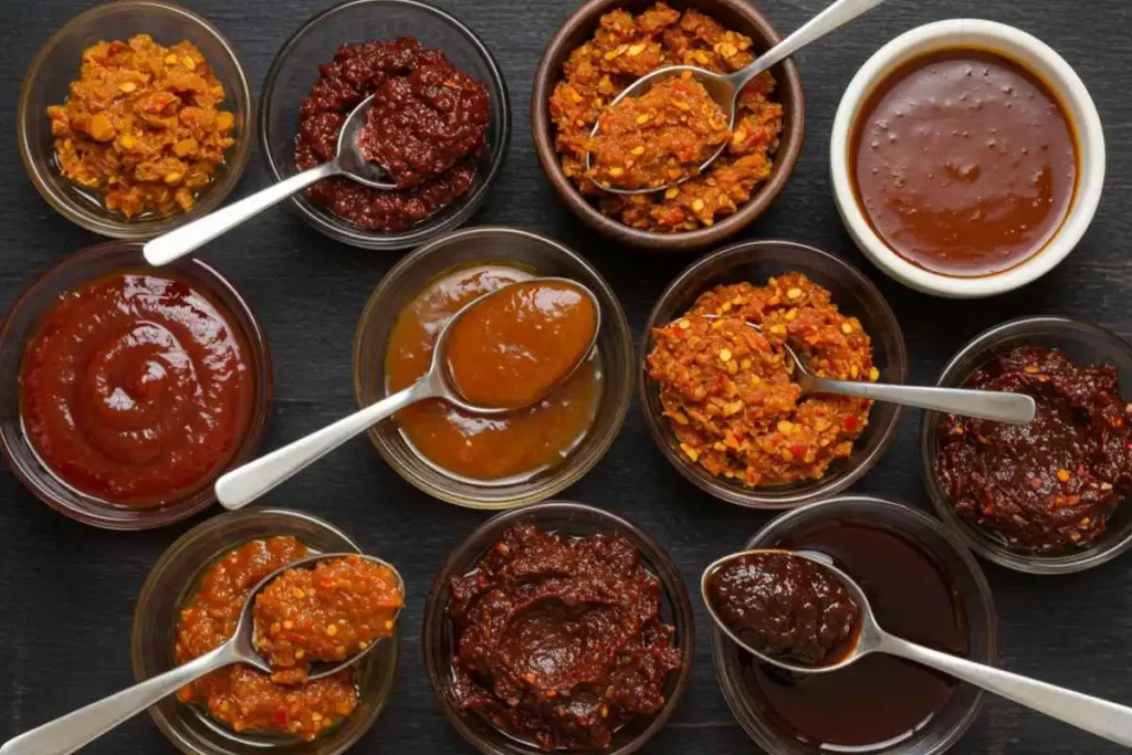 A variety of hot sauces and chili pastes in small bowls, ready to be added to soup.

