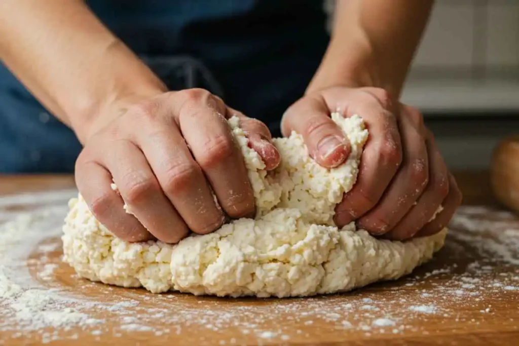  Close-up of hands kneading a mixture of cottage cheese and flour on a wooden surface, preparing dough for baking.