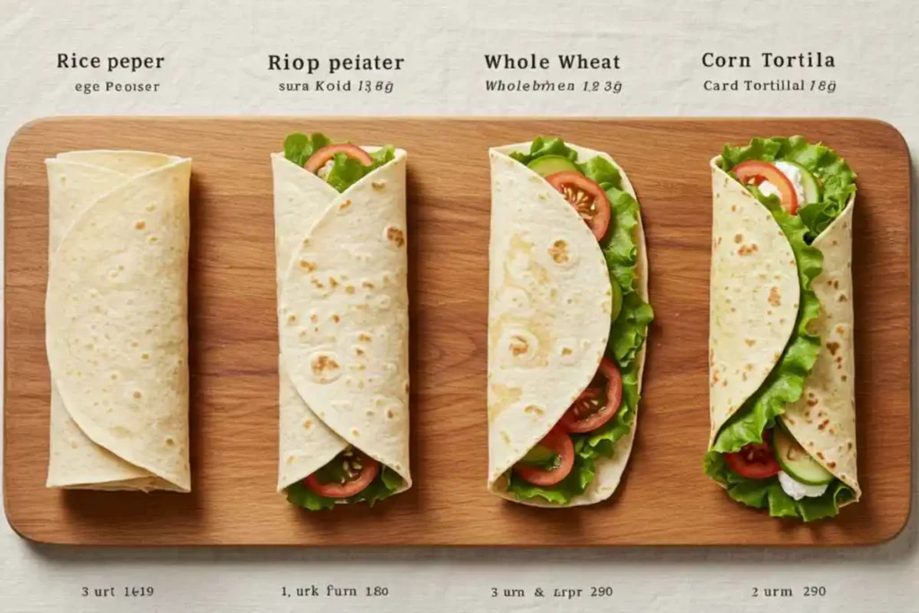  A comparison of rice paper, whole wheat tortilla, and corn tortilla, showing calorie and carb content.

