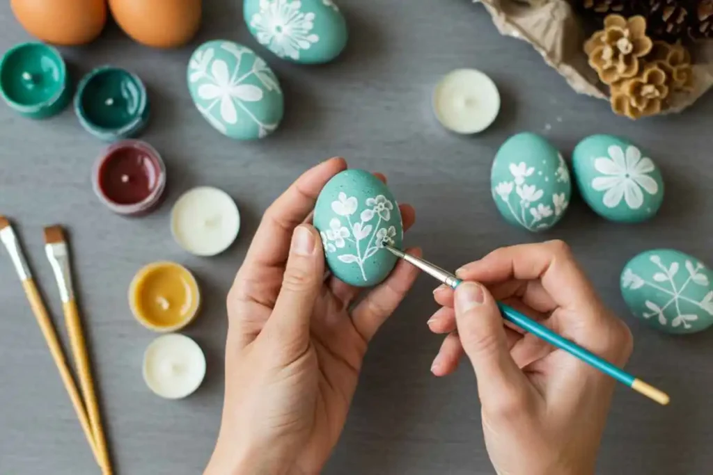 Hands using a wax-resist technique to create intricate patterns on naturally dyed blue eggs.

