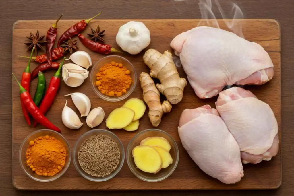 A top-down view of chili peppers, garlic, ginger, turmeric, cumin, and raw chicken on a wooden table, ready to be used in a spicy chicken soup recipe.