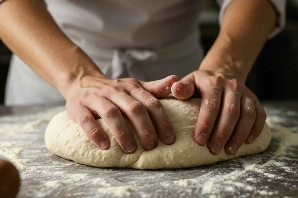 Gipfeli recipe Step-by-Step Gipfeli Recipe the Dough dough on a floured surface with hands pressing gently.