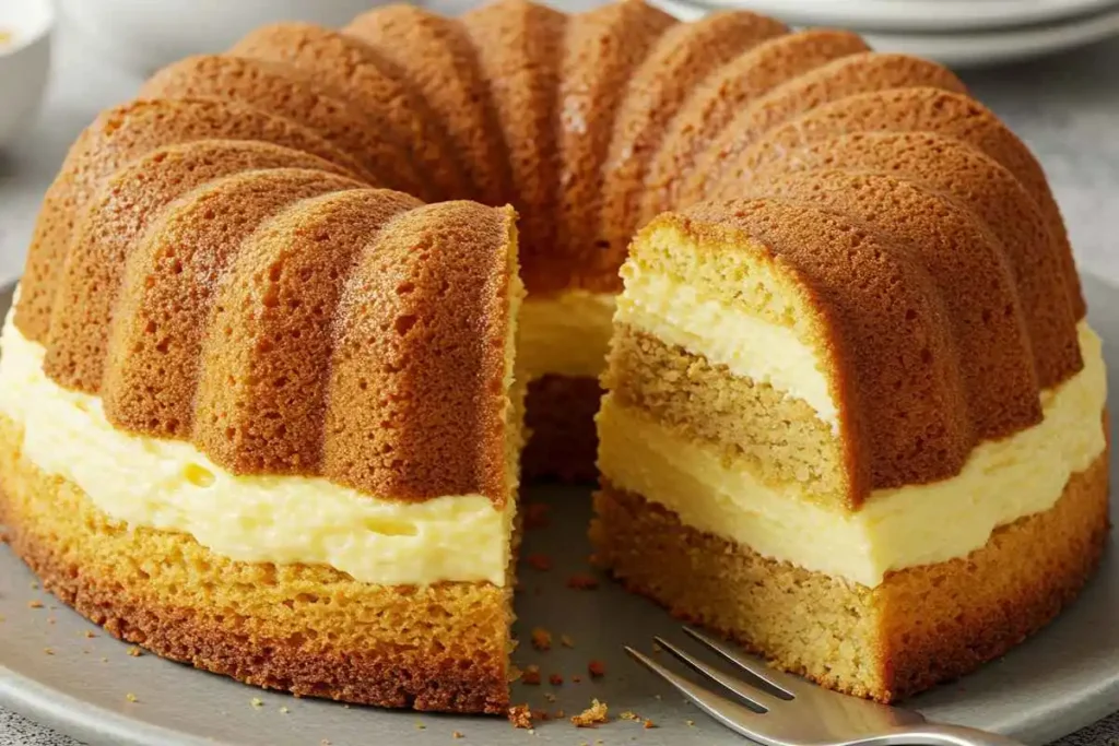  A freshly baked magic custard cake with three distinct layers: a dense base, creamy custard middle, and soft cake top, lightly dusted with powdered sugar. 