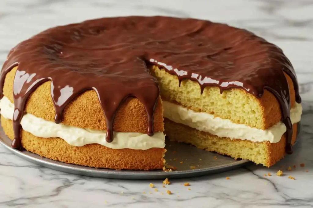 A Boston Cream Pie with custard filling and chocolate glaze, sitting on a white marble surface.