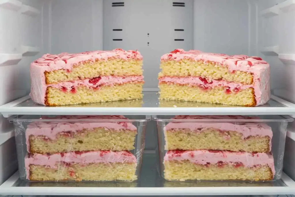 “Wrapped slices of strawberry earthquake cake stored in a freezer container to keep fresh for later use.”