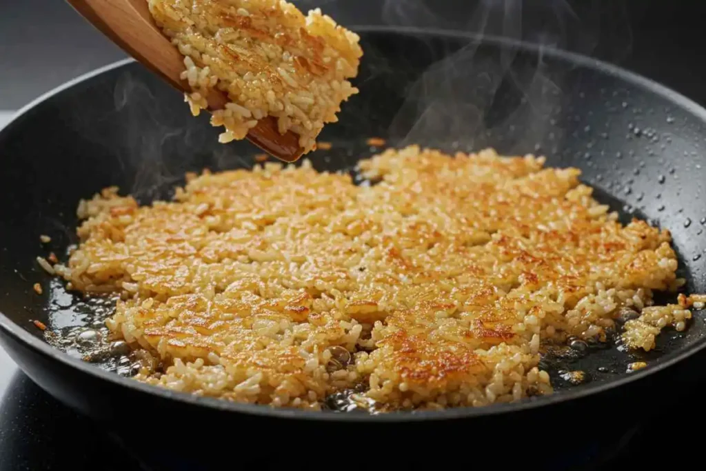 Crispy rice frying in a black non-stick pan with golden-brown edges.