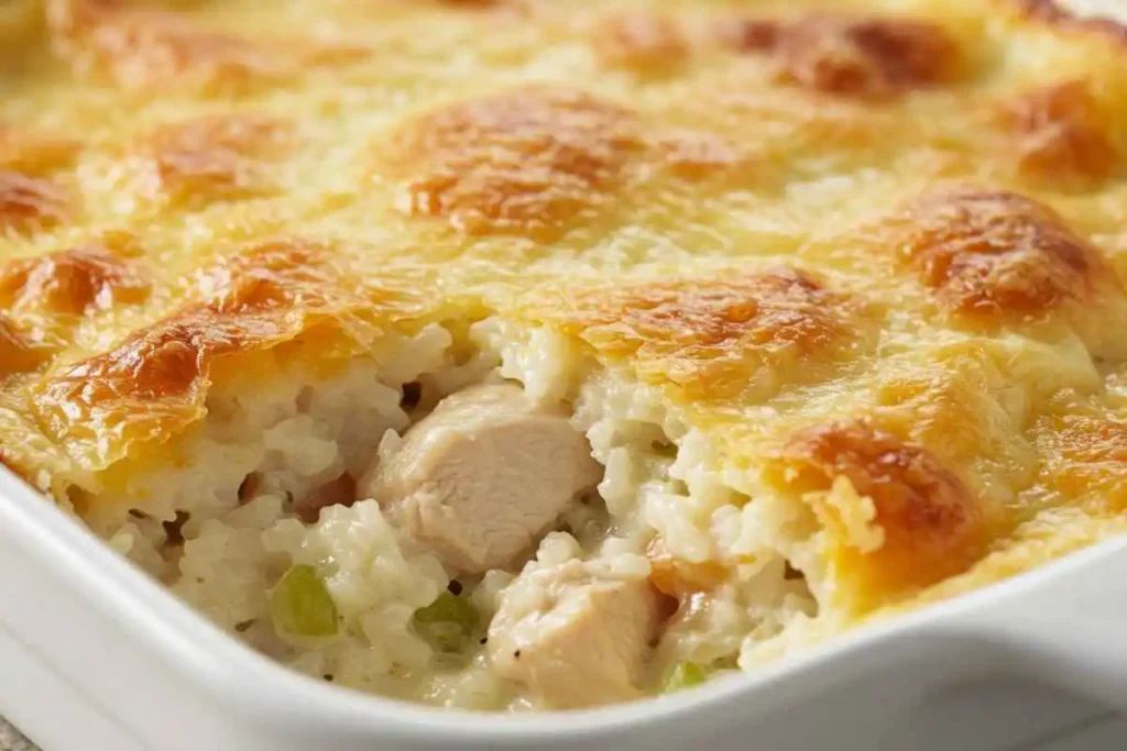 A golden-baked chicken and rice casserole with crispy edges and juicy chicken pieces in a white dish.