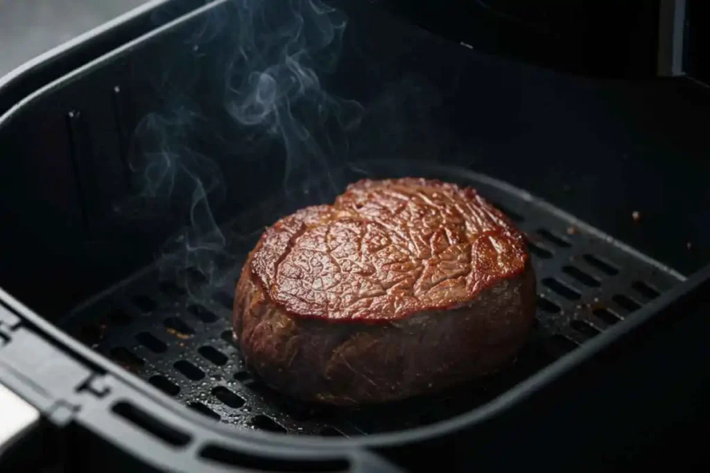 A juicy filet mignon sizzling inside an air fryer basket, showing the cooking process and forming a golden crust.