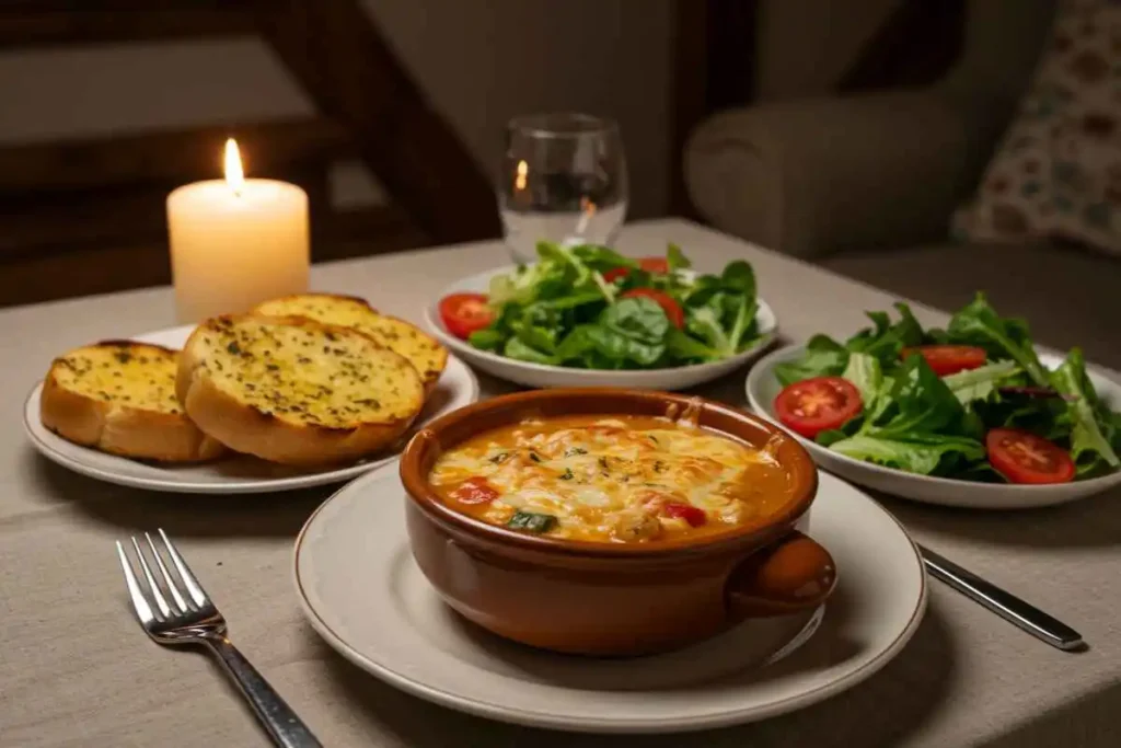 A comforting meal of cheesy vegetable chowder paired with garlic bread and fresh salad