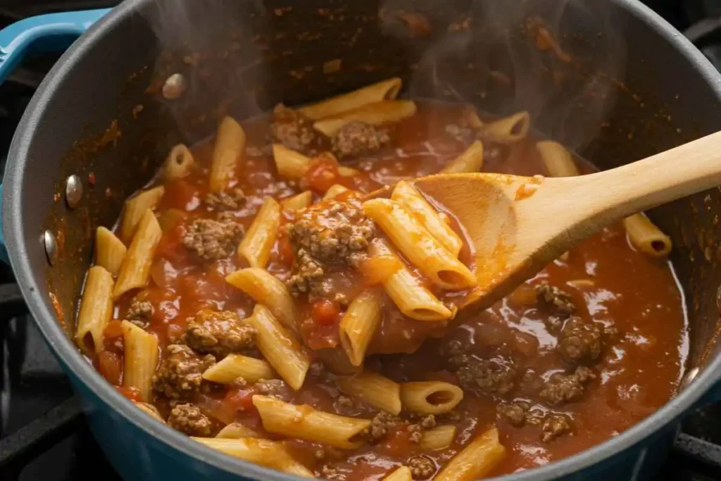 A steaming pot of American goulash being stirred with a wooden spoon, showing its rich tomato sauce, tender pasta, and seasoned beef in a cozy kitchen setting.