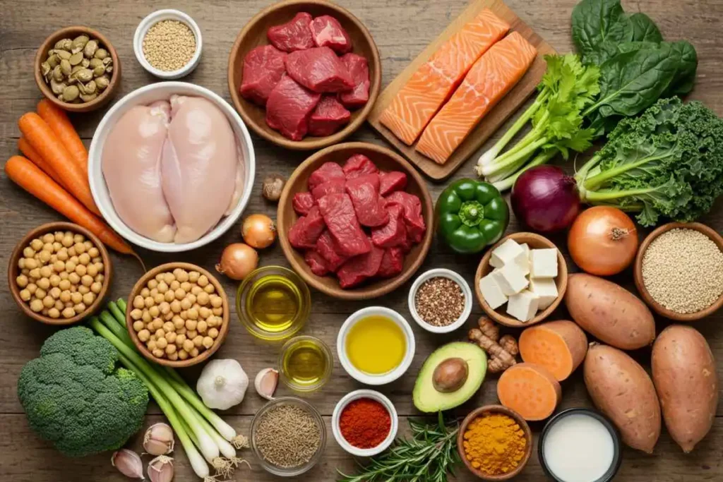 A variety of lean proteins, fresh vegetables, healthy fats, and spices arranged on a wooden kitchen counter, ready for high-protein crock pot cooking