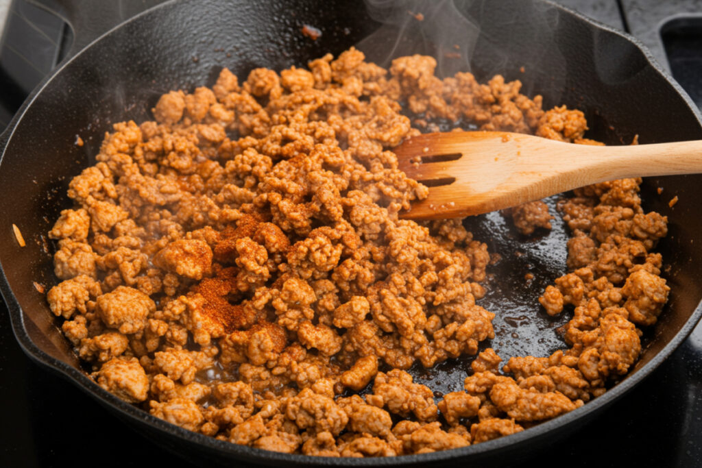 A skillet of ground turkey cooking with taco spices, sizzling with rich aromas and vibrant colors. 