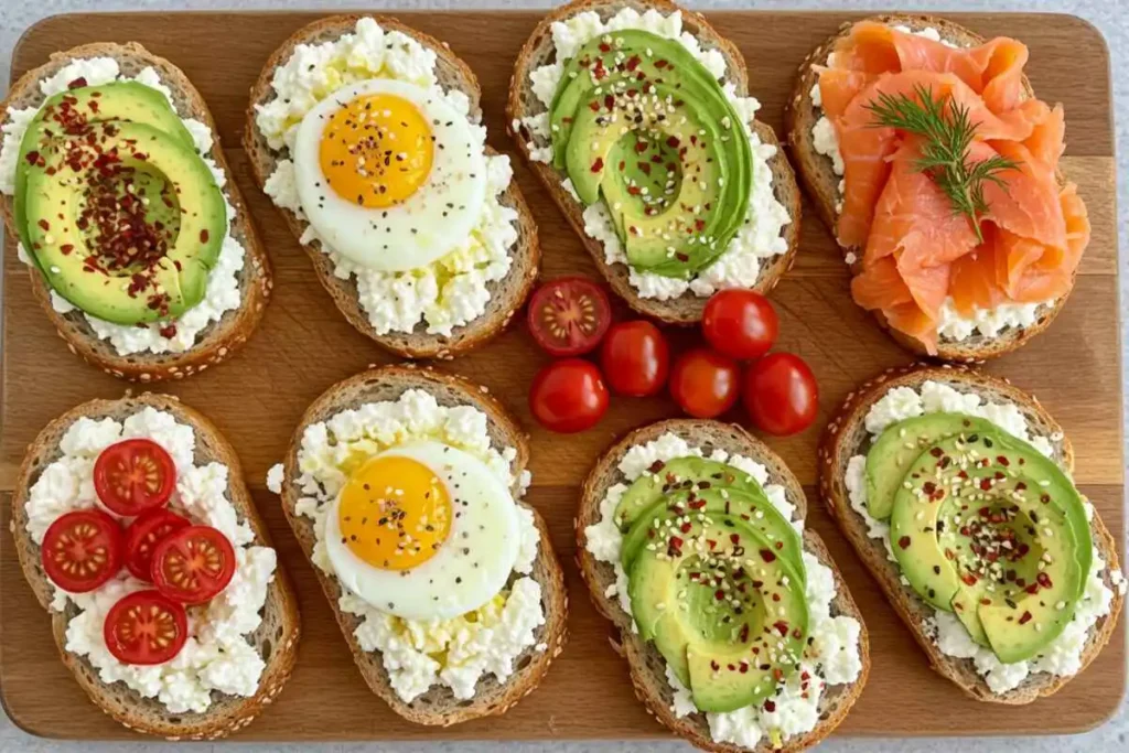 A platter showcasing multiple versions of cottage cheese avocado