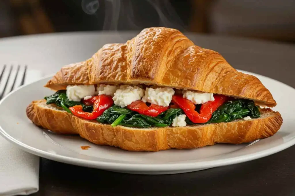 Flaky croissant filled with sautéed spinach, crumbled feta cheese, and roasted red peppers. Steam rises from the warm filling, placed on a white plate in a café setting.