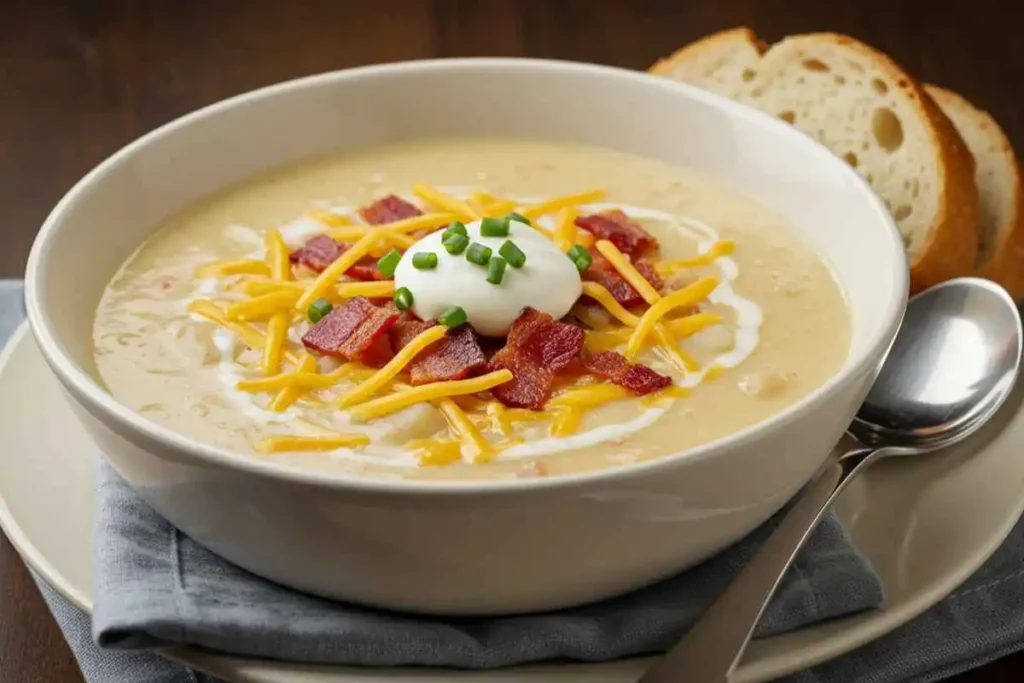 A bowl of loaded potato soup with cheese, turkey bacon, and sour cream, served with warm bread.