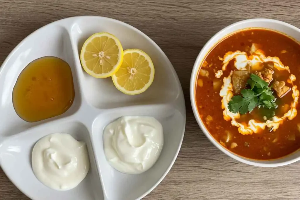 A plate with honey, lemon, coconut milk, and yogurt next to a spicy soup, showing how to balance heat.