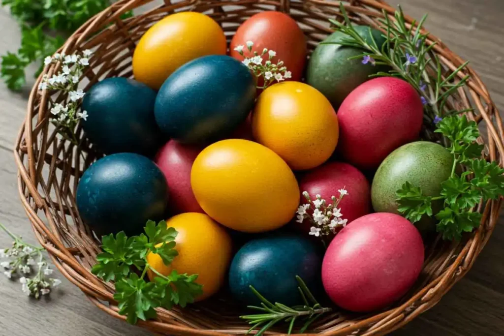 A basket filled with naturally dyed eggs in shades of blue, yellow, and pink, surrounded by fresh flowers.