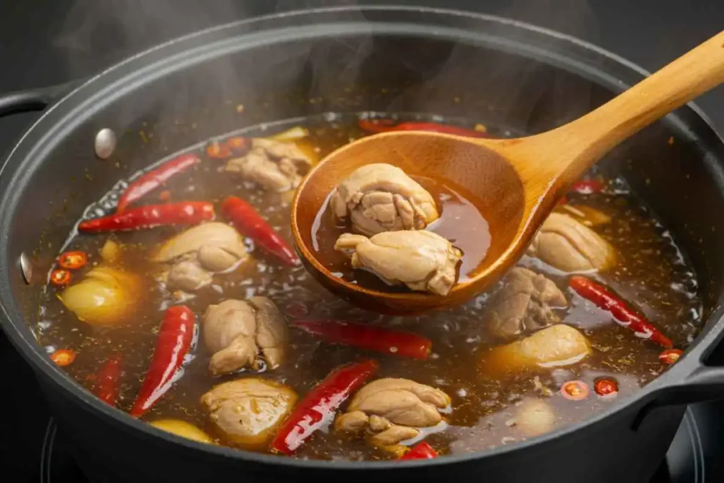 A pot of spicy chicken soup simmering on a stovetop, with red chili peppers and a wooden ladle stirring the rich, flavorful broth.