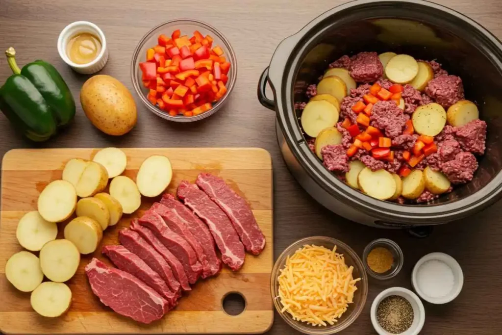 Thinly sliced beef, chopped vegetables, and layered ingredients in a crockpot, showing the full preparation process for the cheesesteak potato casserole.