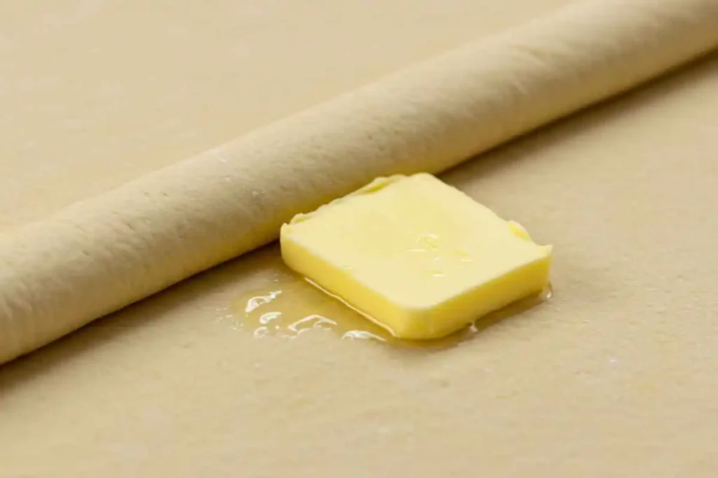 Gipfeli recipe dough with butter in the center for lamination.