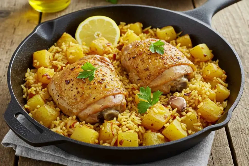 A skillet filled with boneless chicken thighs, basmati rice, and golden potatoes, seasoned with Mediterranean spices and garnished with parsley and lemon