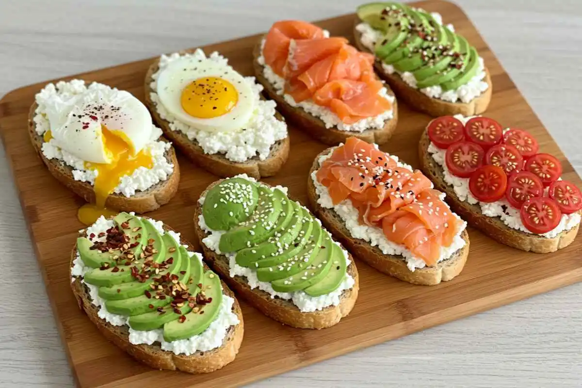 "A platter showcasing multiple versions of cottage cheese avocado toast with different toppings."