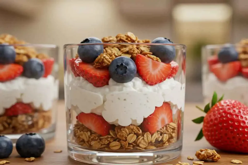 A glass cup filled with layers of cottage cheese, granola, and fresh strawberries and blueberries, set on a kitchen counter.