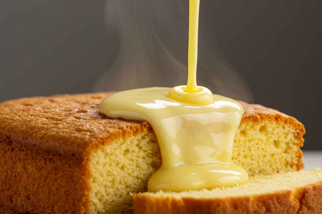 A close-up of creamy vanilla custard being drizzled over a slice of sponge cake