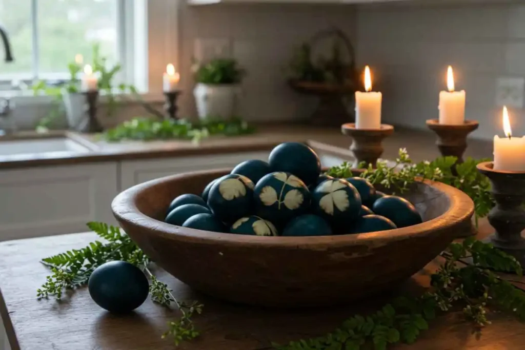 A farmhouse-style wooden bowl filled with naturally dyed blue eggs, displayed on a kitchen counter.