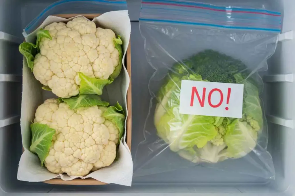 Fresh cauliflower mushrooms stored in a breathable container with a paper towel.