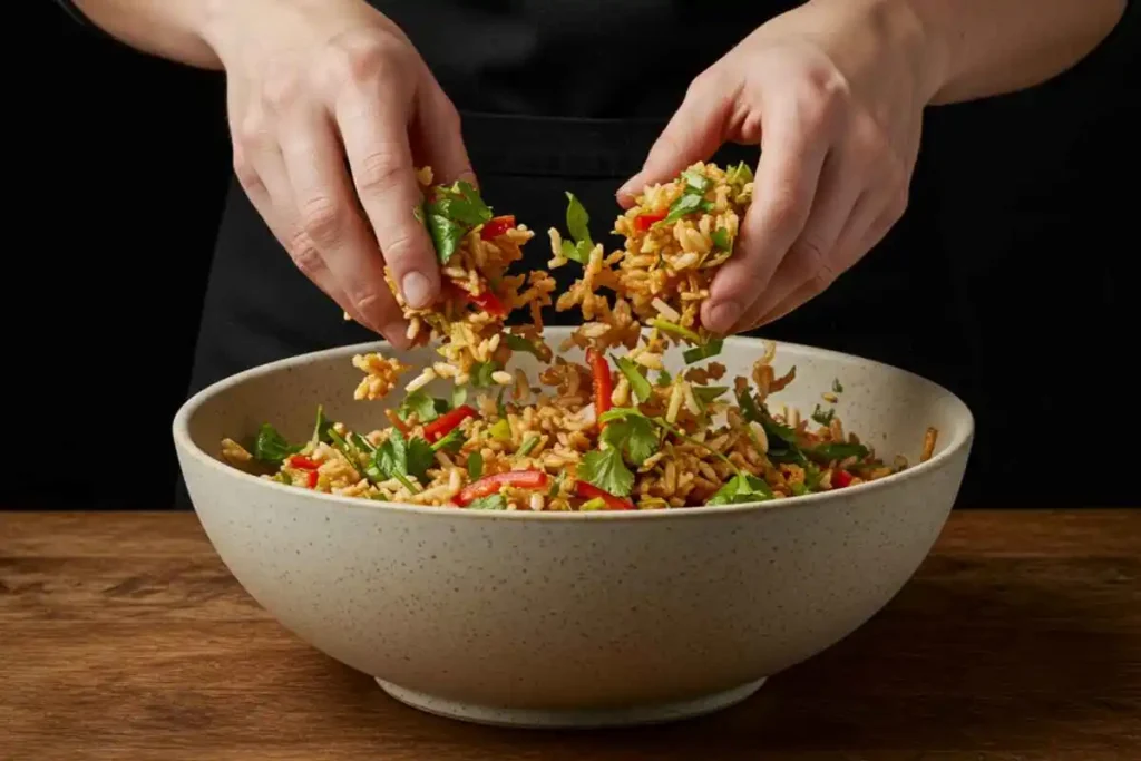 A chef tossing crispy rice salad in a ceramic bowl with fresh herbs and vegetables.