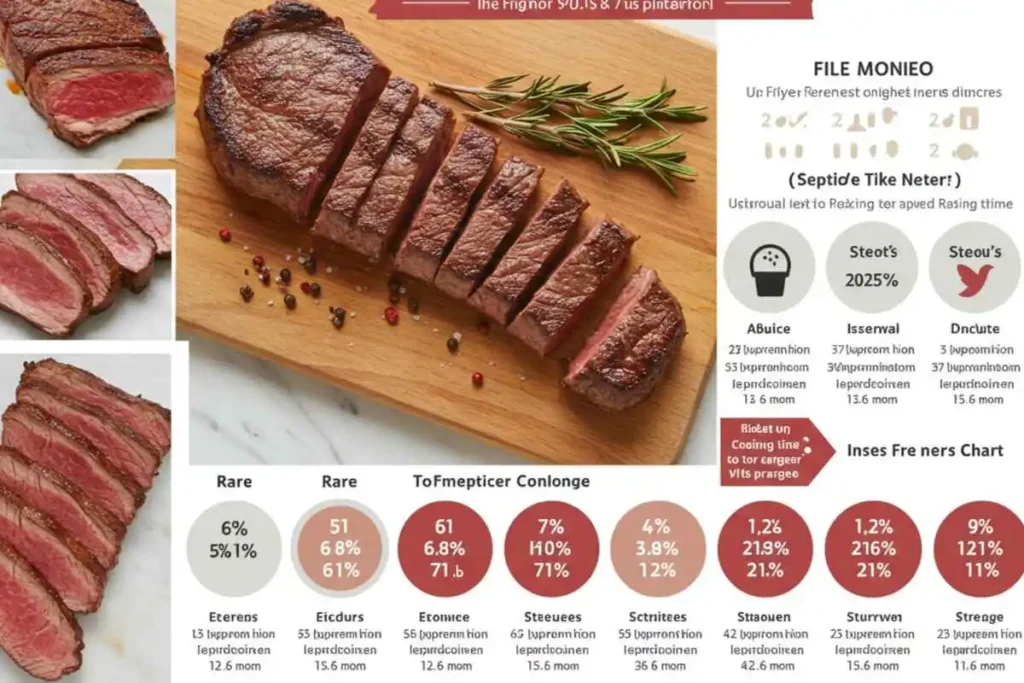 A steak doneness chart showing rare to well-done filet mignon with air fryer cooking times and internal temperatures.