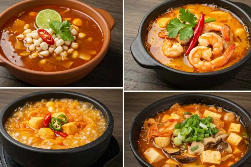  A collage of four global spicy soups: Pozole, Tom Yum, Kimchi Jjigae, and Hot & Sour Soup.