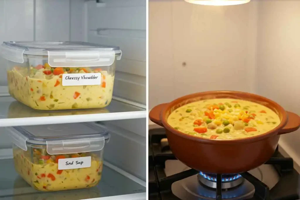 A glass container of homemade cheesy vegetable chowder stored in a fridge, with a pot of chowder being reheated on the stove