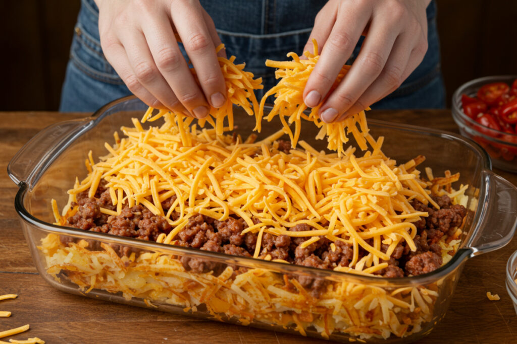 A home cook assembling a Taco Hashbrown Casserole, layering hashbrowns, taco-seasoned meat, and cheese in a dish.