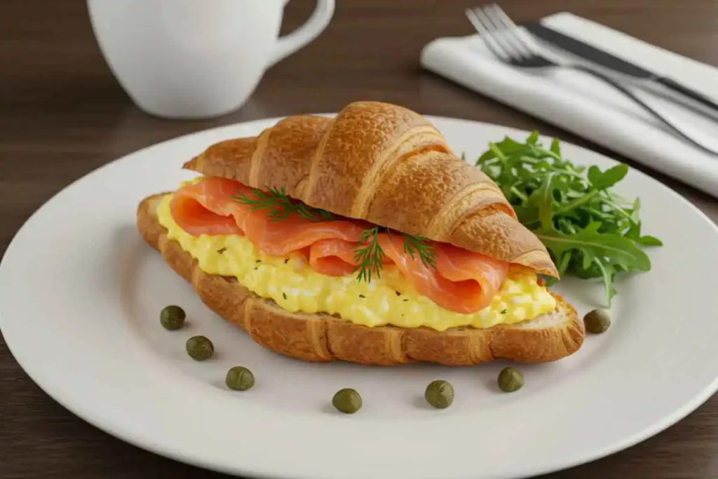 A buttery croissant stuffed with soft scrambled eggs, smoked salmon, and fresh dill, served on a plate with arugula and capers. A cup of coffee sits nearby.