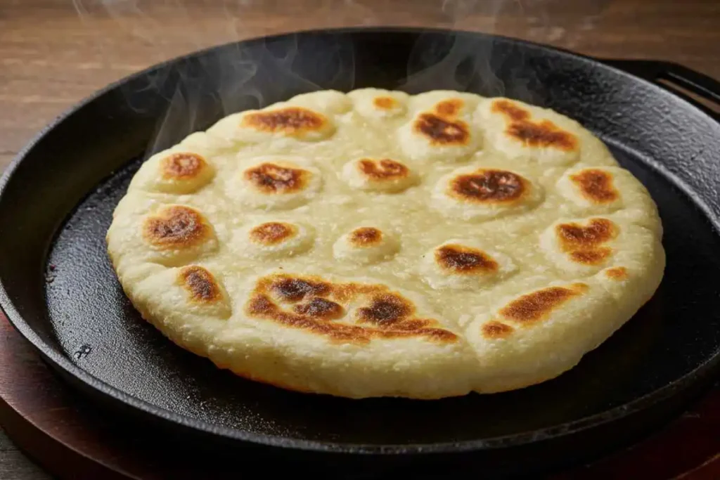 A golden-brown, homemade flatbread with a crispy surface cooking on a cast-iron skillet, with steam rising from it.