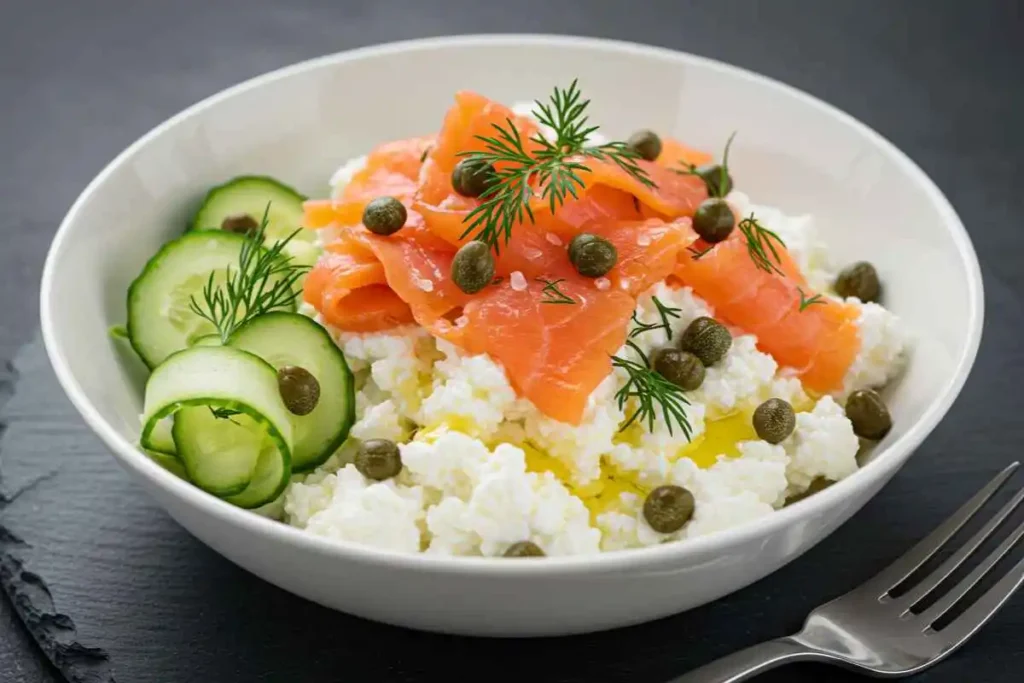 Keto-Friendly Cottage Cheese Bowl with Smoked Salmon and Cucumber.