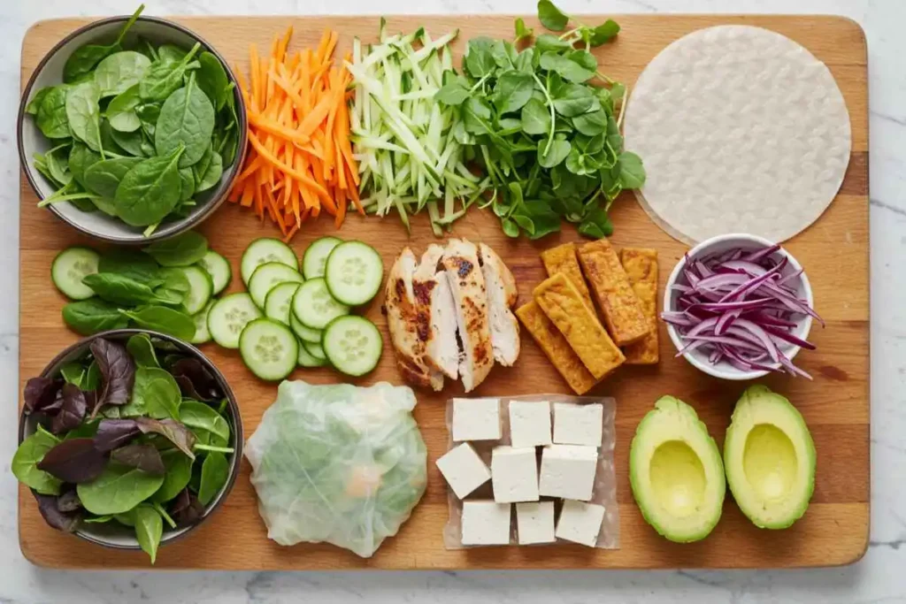 Fresh ingredients like leafy greens, tofu, and vegetables neatly arranged for making healthy rice paper rolls.